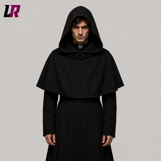 Close-up of black hooded monk robe featuring premium craftsmanship and traditional hood