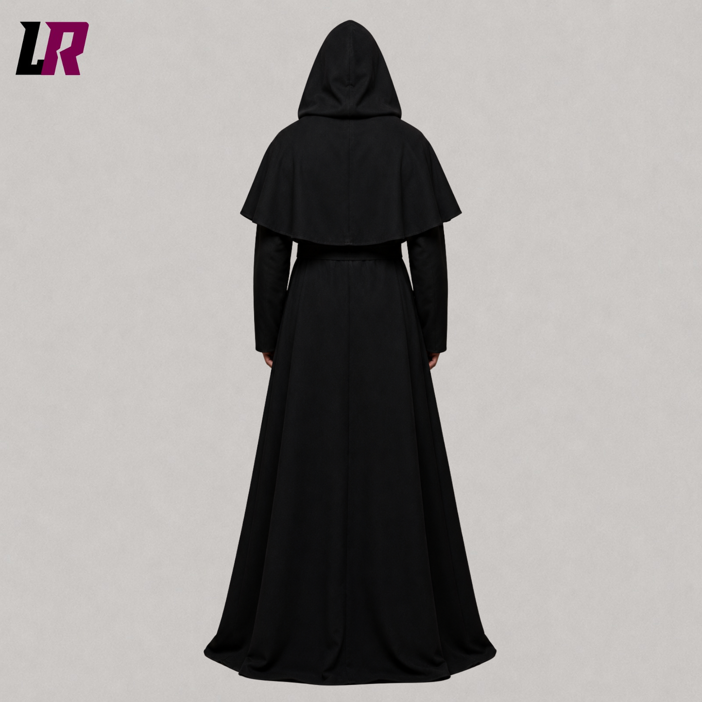 Back view of black hooded monk robe with full-length monastic habit and hood