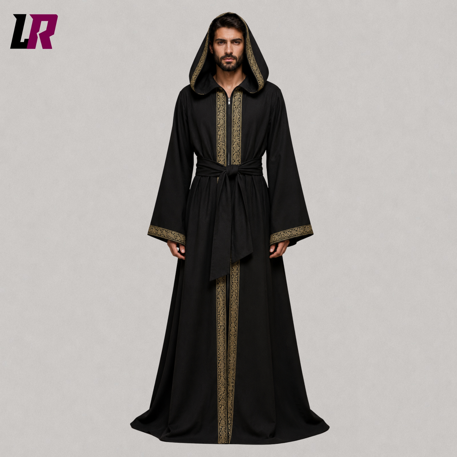 Black hooded Gothic cloak front view with medieval wizard and Renaissance-inspired design