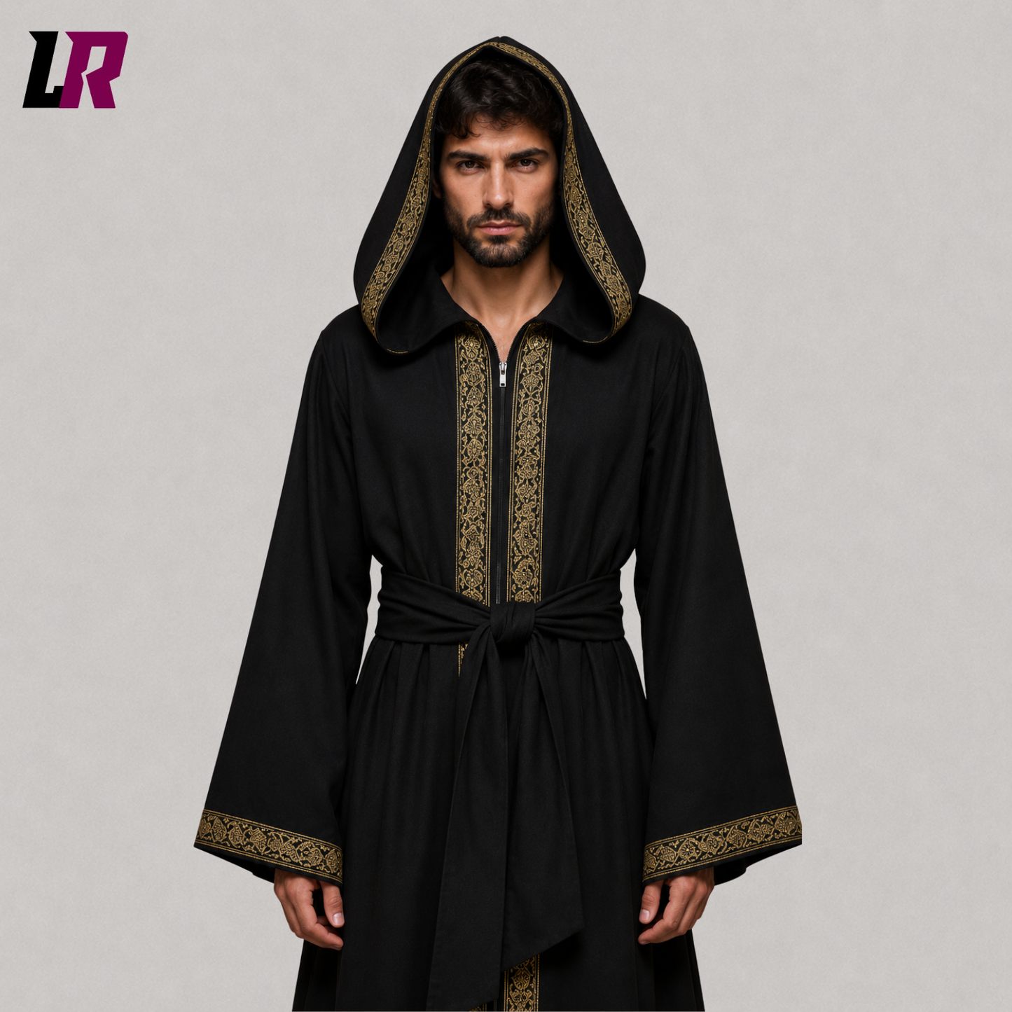 Close-up of black hooded cloak featuring premium fabric and oversized fantasy hood