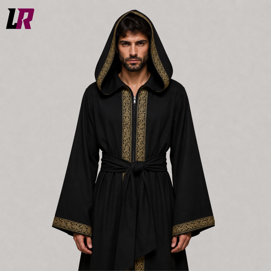 Close-up of black hooded cloak featuring premium fabric and oversized fantasy hood