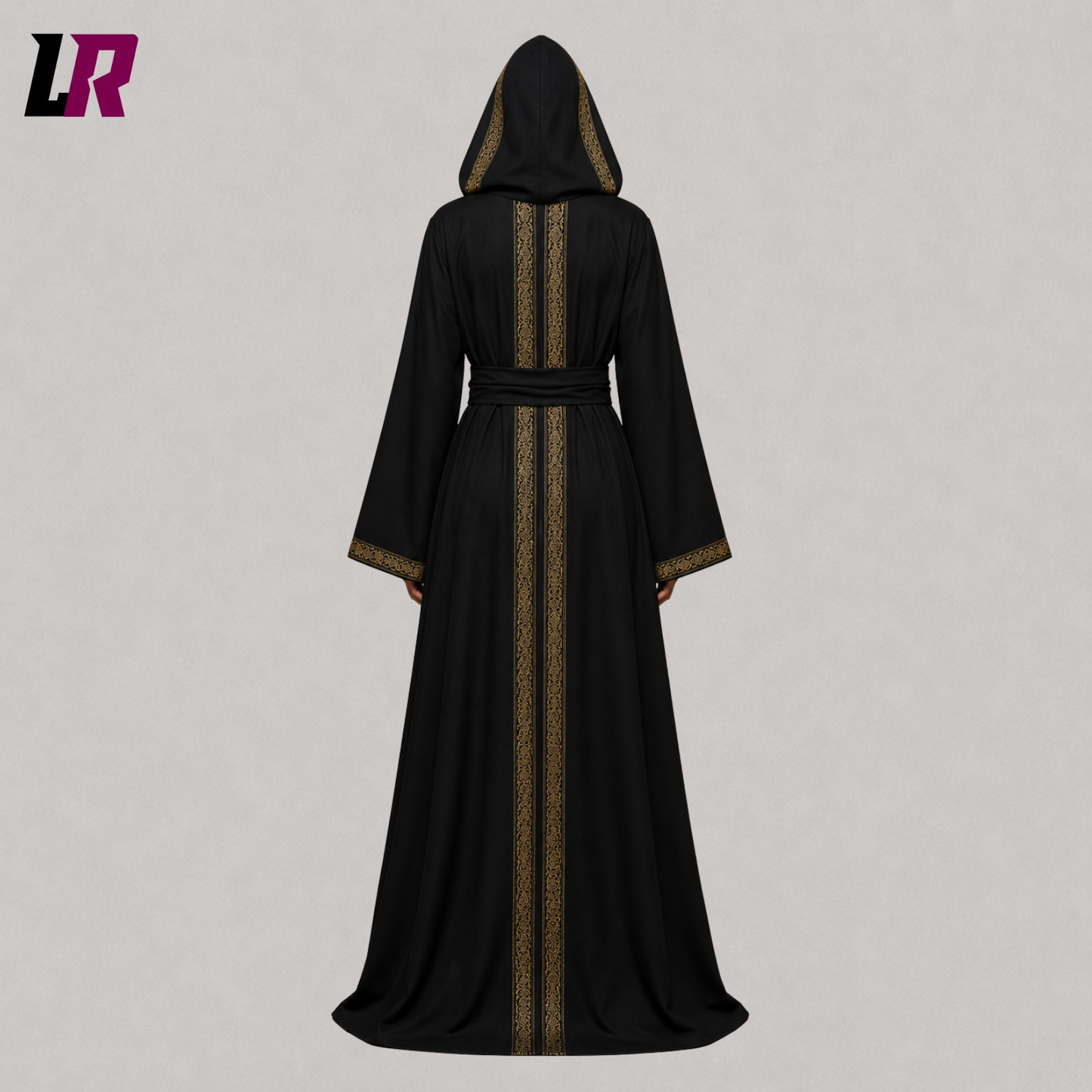 Back view of black Gothic hooded cloak with full-length medieval cape silhouette