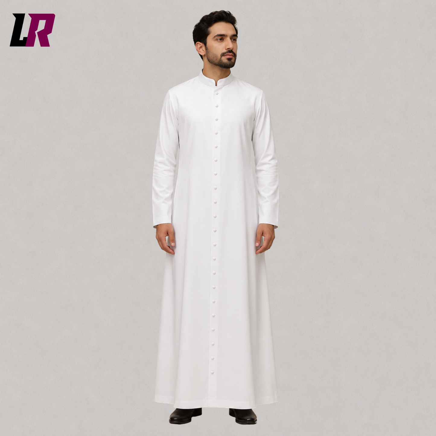 White priest cassock front view with traditional Roman Catholic clergy robe design