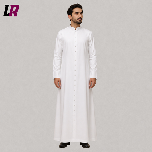 White priest cassock front view with traditional Roman Catholic clergy robe design