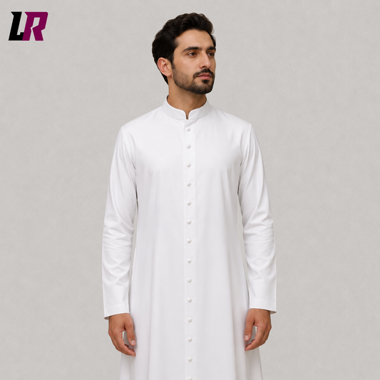 Close-up of white handmade priest cassock featuring premium tailoring and traditional liturgical details