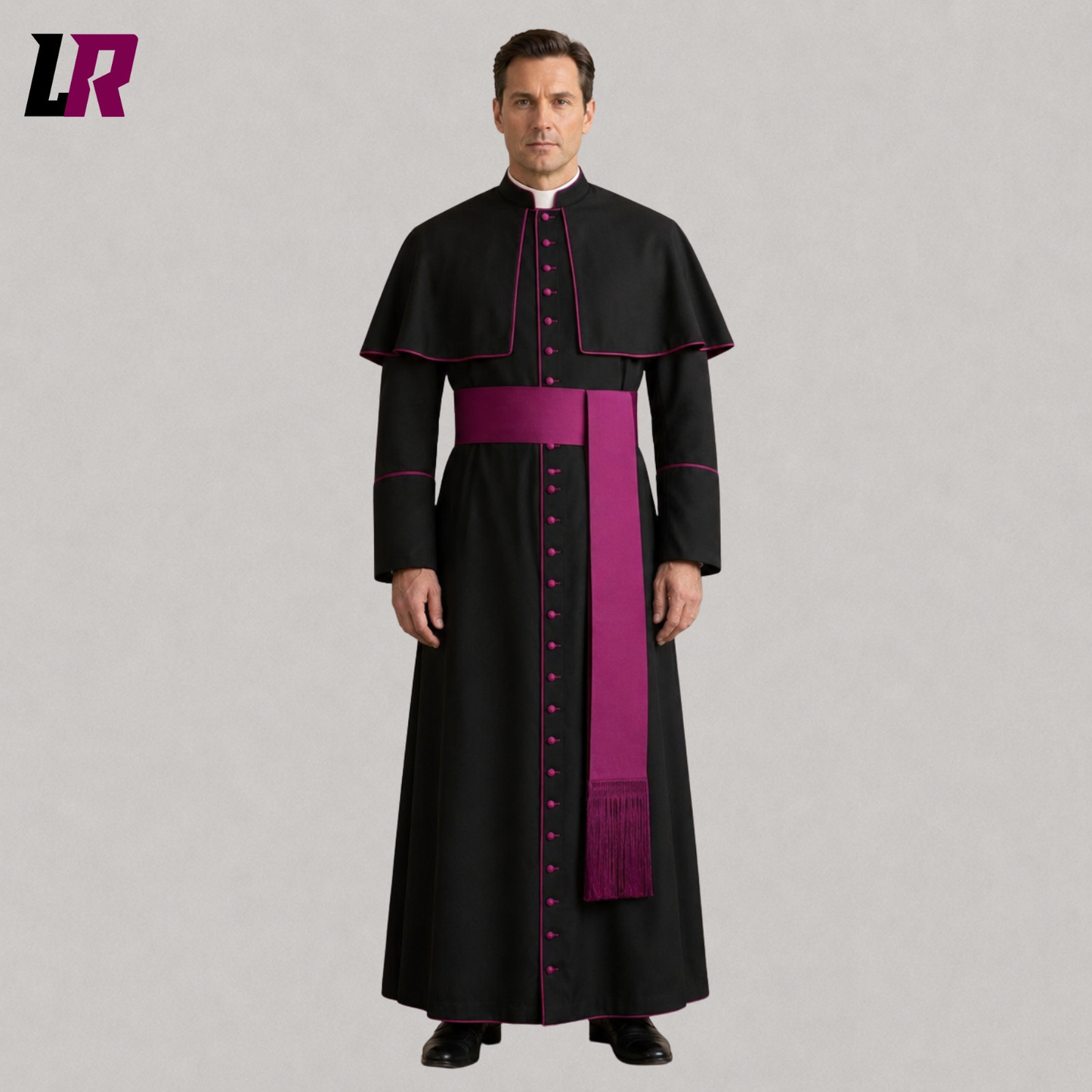 Custom traditional black priest cassock with magenta piping front view and matching sash