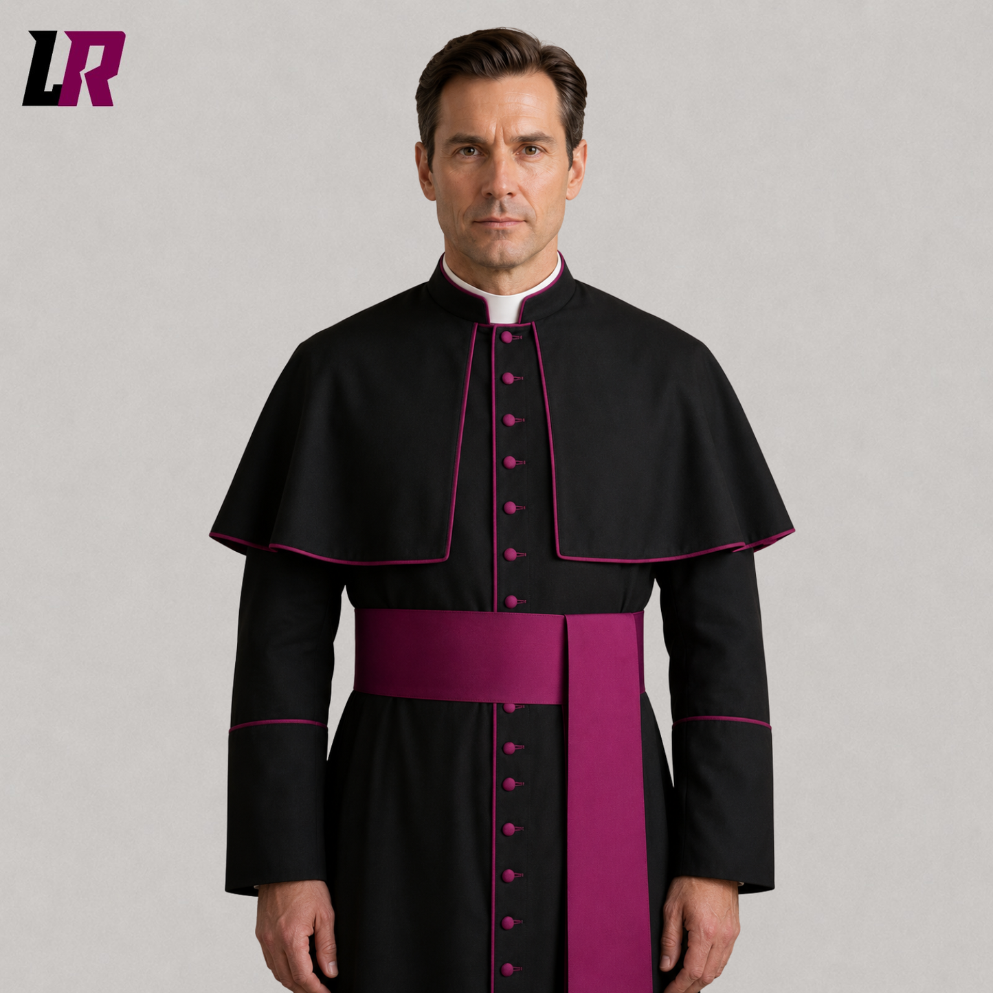 Close-up of handmade black Catholic priest cassock featuring magenta piping and premium tailoring
