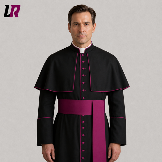 Close-up of handmade black Catholic priest cassock featuring magenta piping and premium tailoring