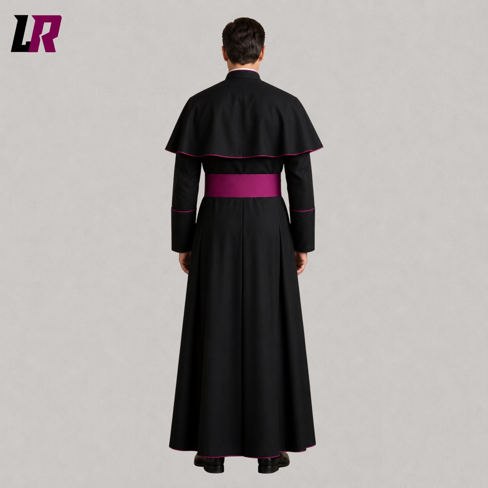 Back view of traditional black Roman priest cassock with magenta piping and full-length design