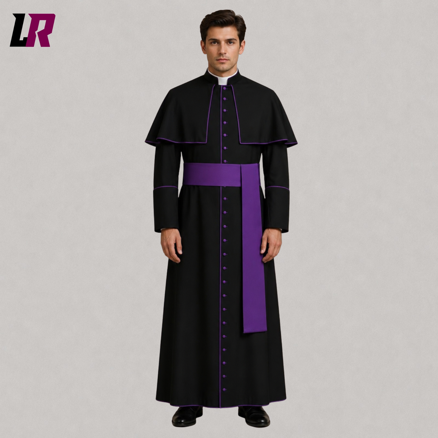 Handmade traditional black priest cassock front view with purple piping and matching sash