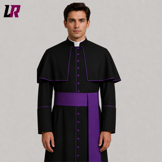 Close-up of handmade black Catholic priest cassock featuring purple piping and premium tailoring