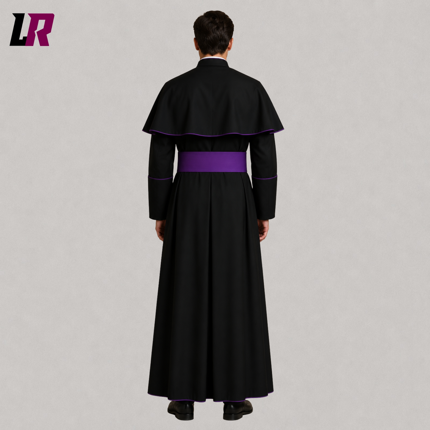 Back view of traditional black Roman priest cassock with purple piping and full-length design