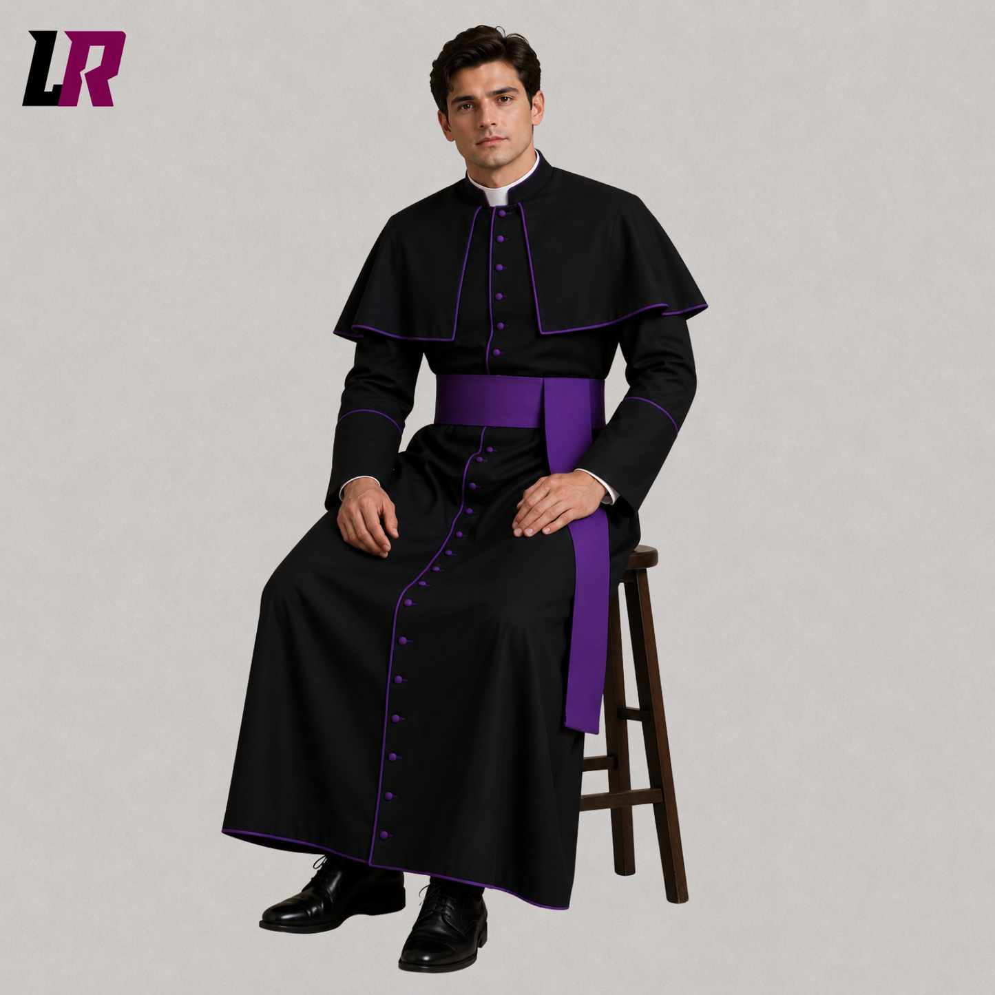 Priest wearing a black cassock with purple piping seated on a stool in a formal portrait