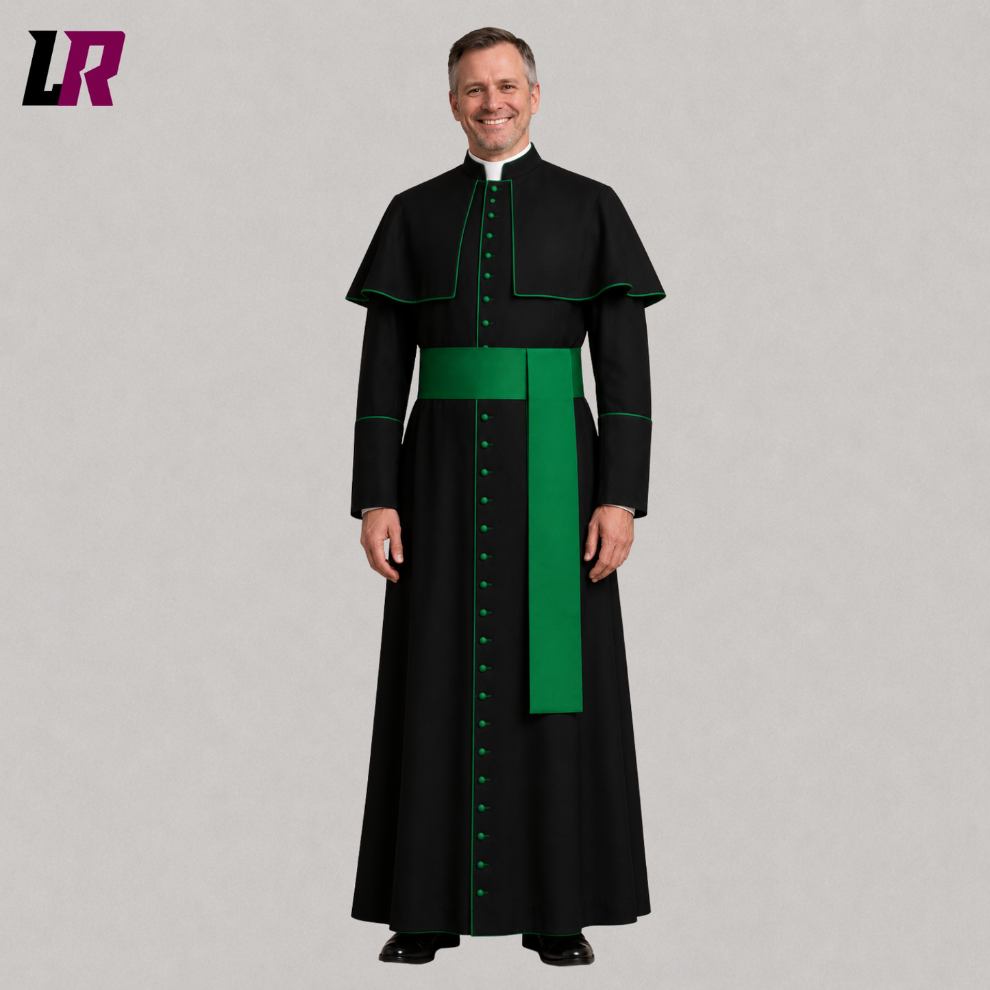 Traditional Catholic cassock front view with green piping and custom tailored Roman clergy design