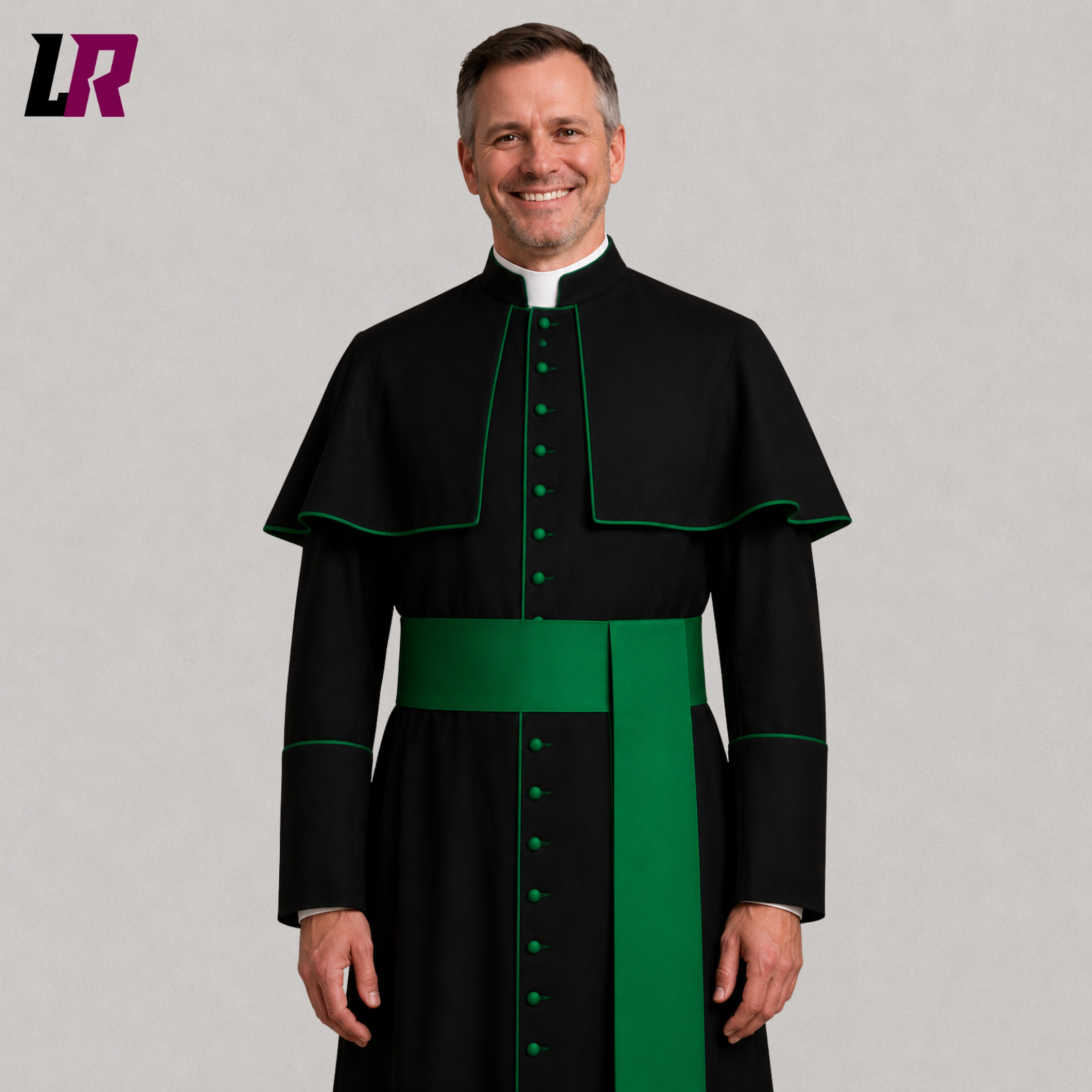 Close-up of handmade Catholic priest cassock featuring green piping and premium tailoring