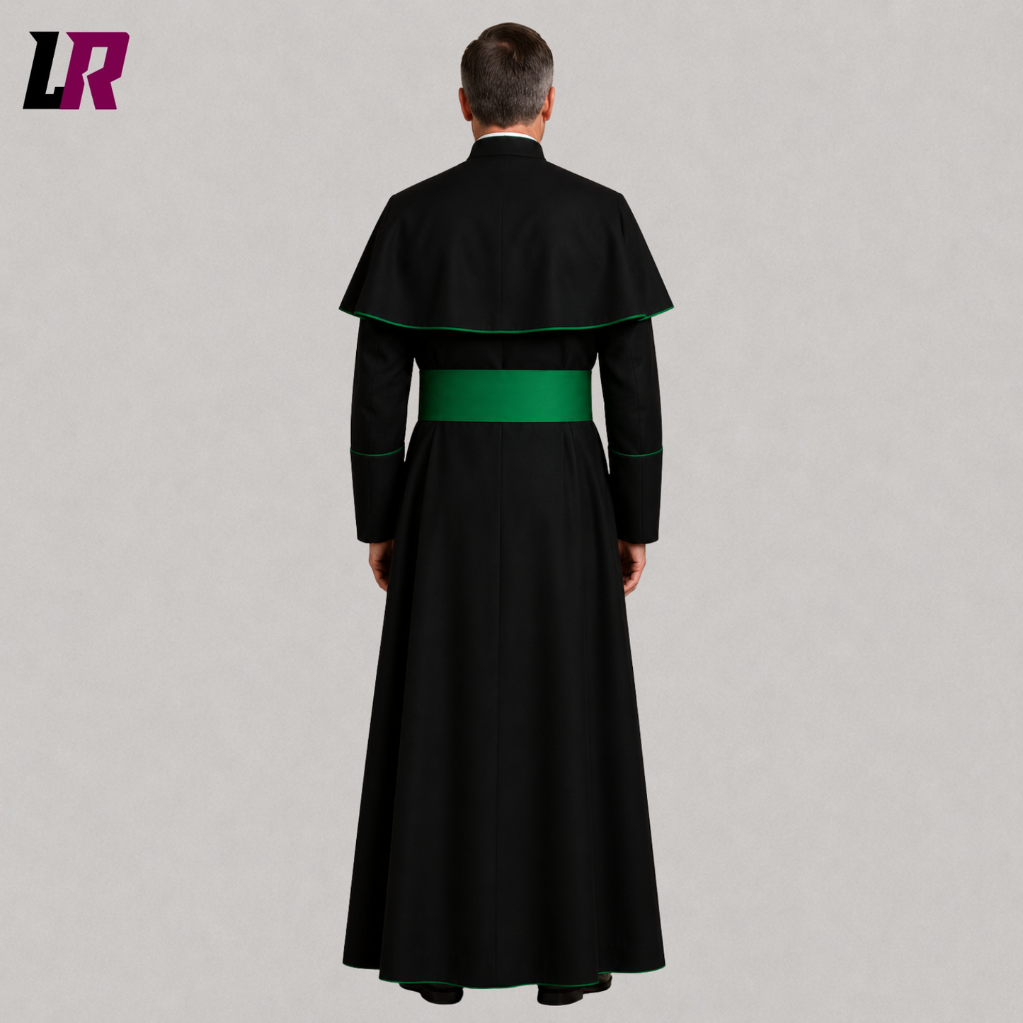 Back view of traditional Roman cassock with green piping and full-length clergy robe silhouette
