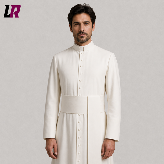 Close-up of handmade white clergy cassock featuring premium tailoring and traditional liturgical details