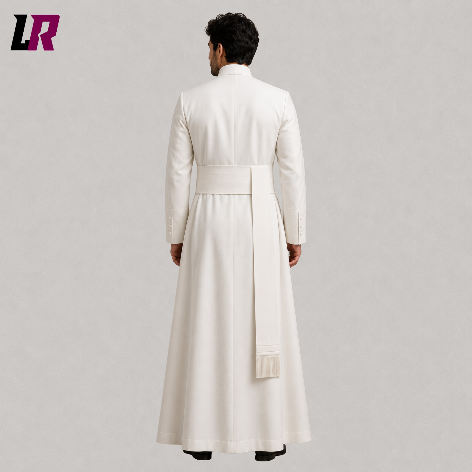 Back view of custom white Catholic priest cassock with full-length tailored silhouette