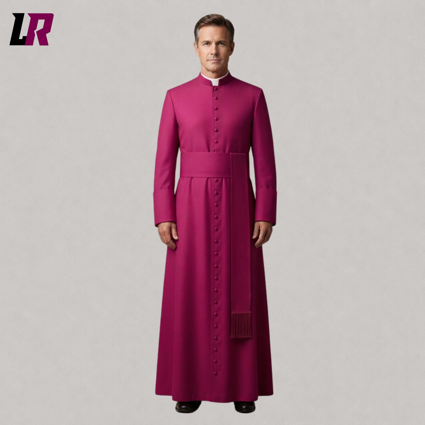 Handmade bishop cassock robe for men front view with fuchsia trim and traditional clergy styling