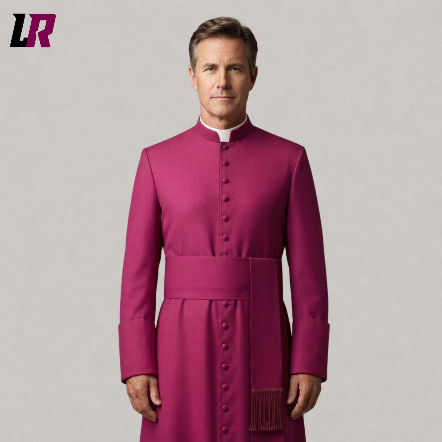 Close-up of handmade bishop cassock featuring fuchsia trim and premium tailored craftsmanship