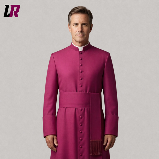Close-up of handmade bishop cassock featuring fuchsia trim and premium tailored craftsmanship