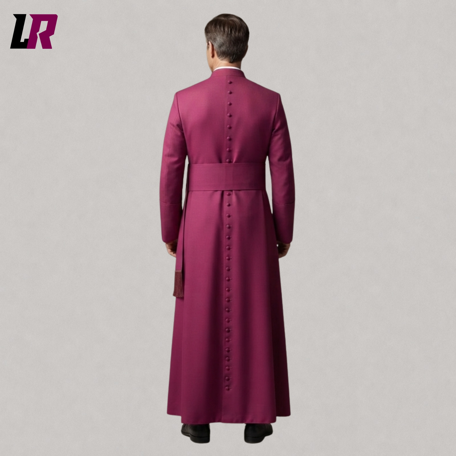 Back view of custom bishop cassock robe with full-length traditional ecclesiastical design