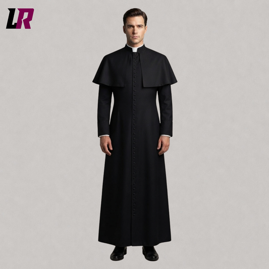 Black clergy cassock with shoulder cape front view handmade Anglican and Catholic priest robe