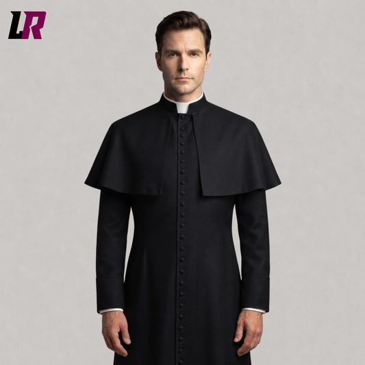 Close-up of black clergy cassock featuring shoulder cape and premium handmade tailoring details