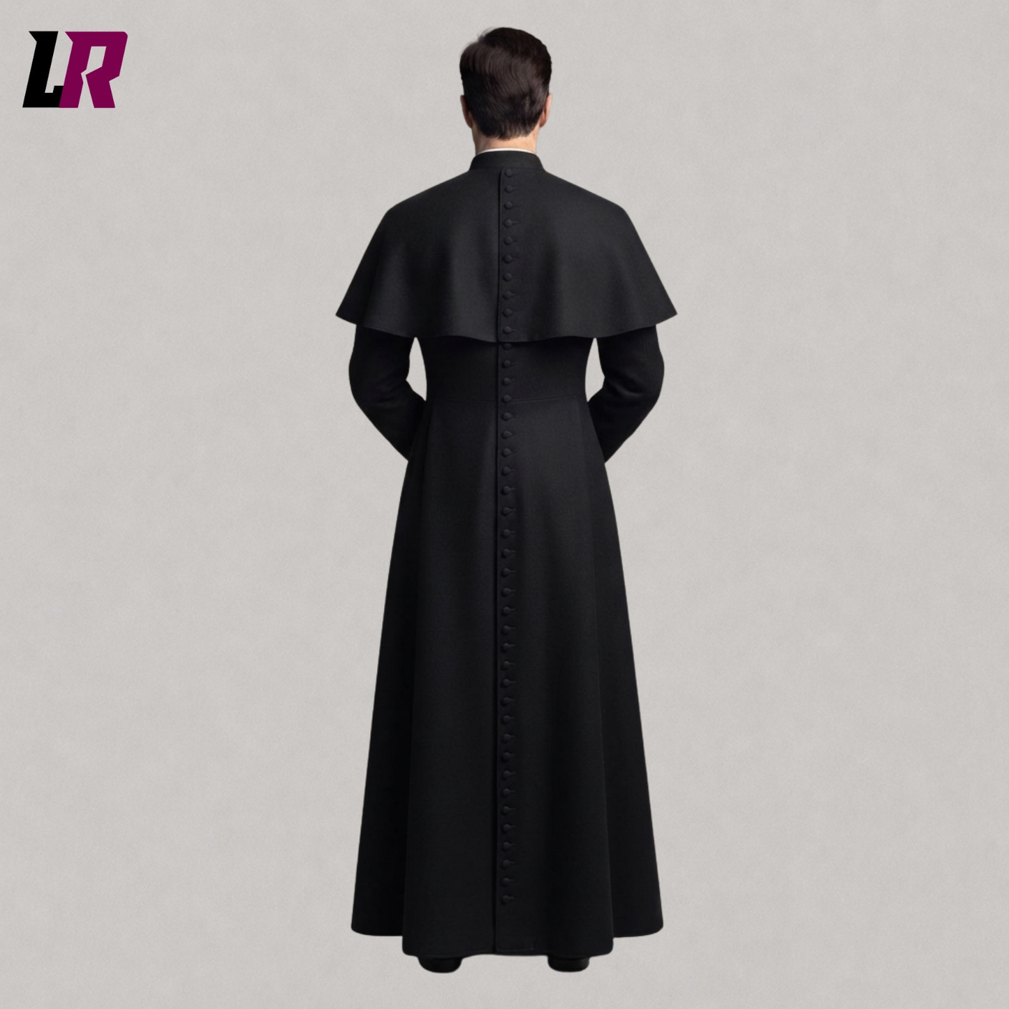 Back view of black full-length clergy cassock with shoulder cape and traditional vestment design