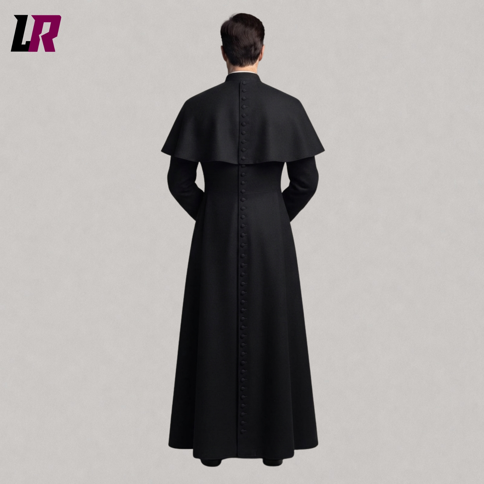 Back view of black full-length clergy cassock with shoulder cape and traditional vestment design