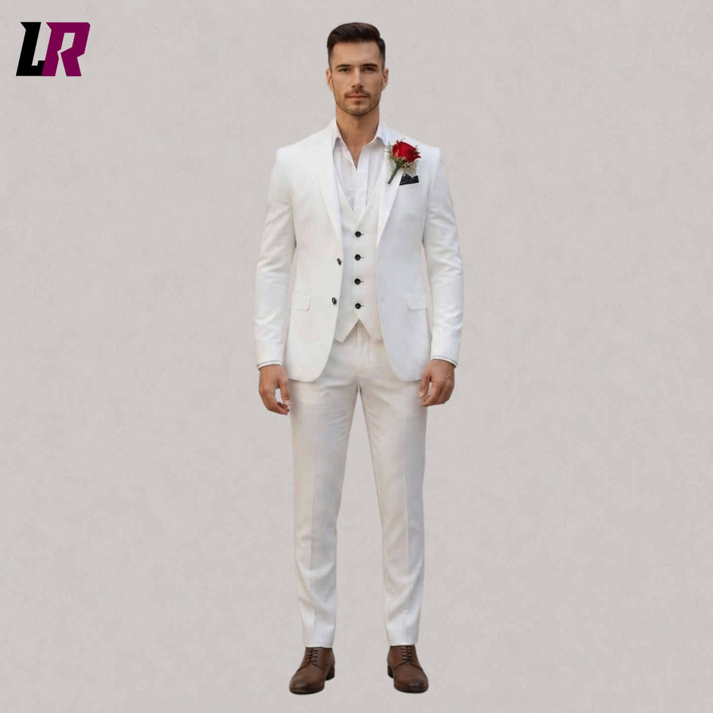 White wedding suit for men front view 3 piece slim fit groom tuxedo formal outfit