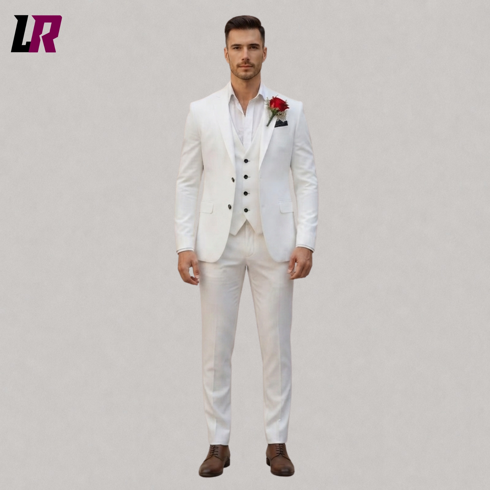 White wedding suit for men front view 3 piece slim fit groom tuxedo formal outfit