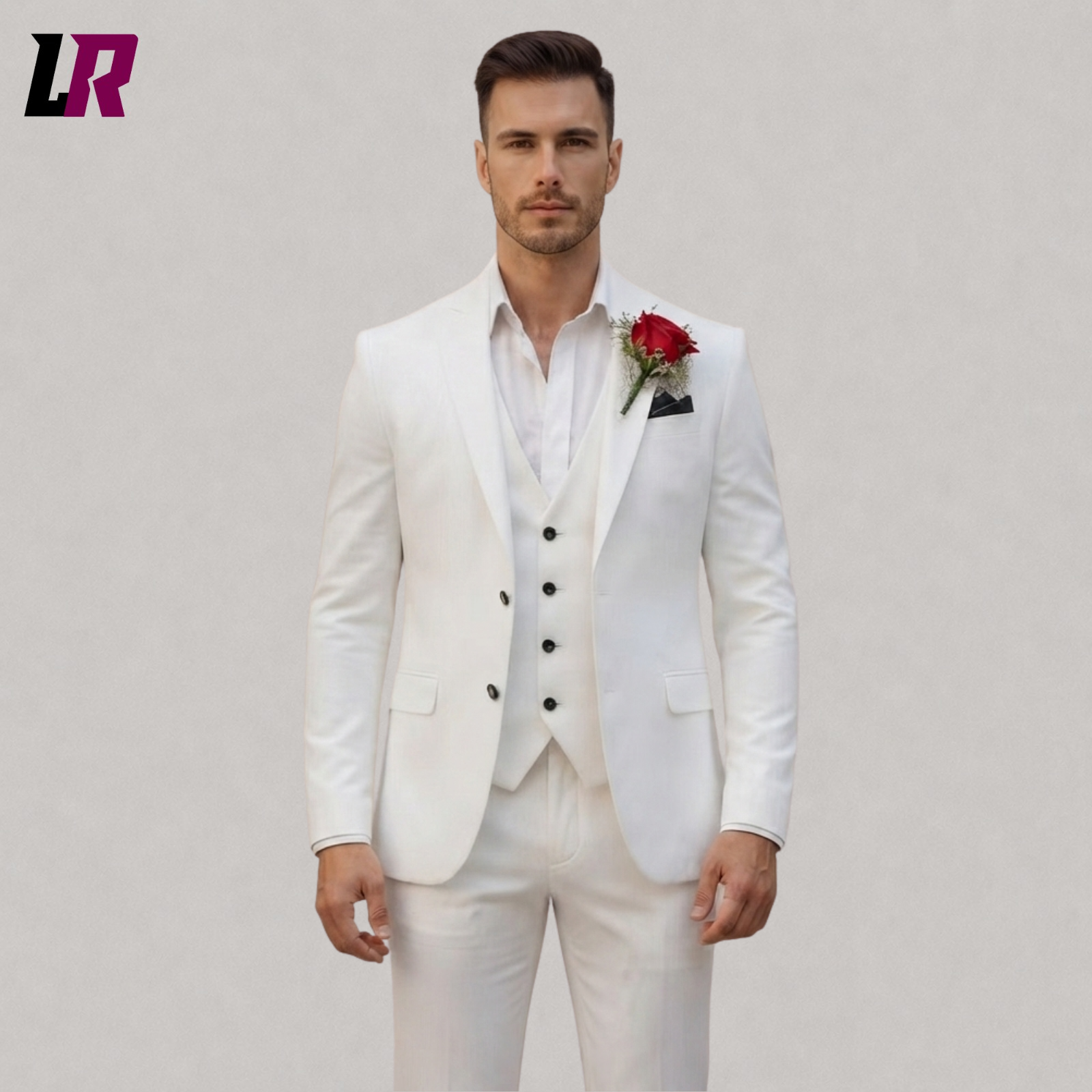 Close-up of white 3 piece wedding suit featuring vest blazer and premium tailoring
