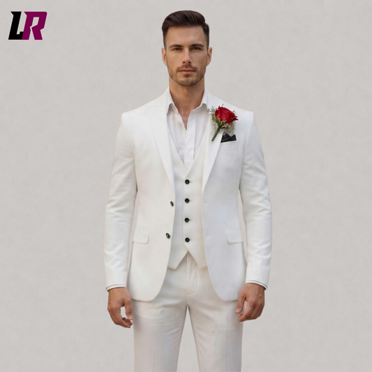 Close-up of white 3 piece wedding suit featuring vest blazer and premium tailoring