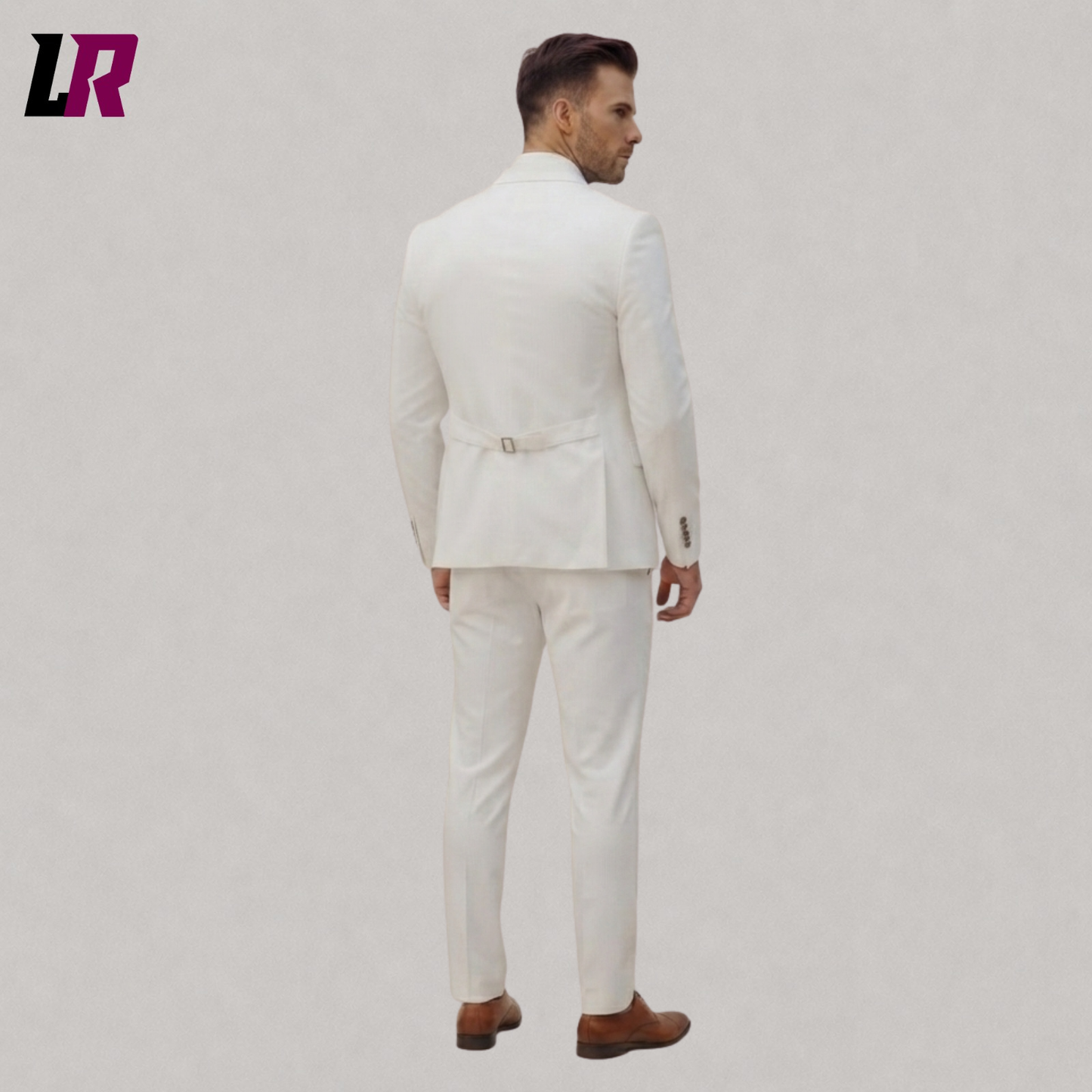 Back view of white slim fit wedding suit for men with tailored formal design