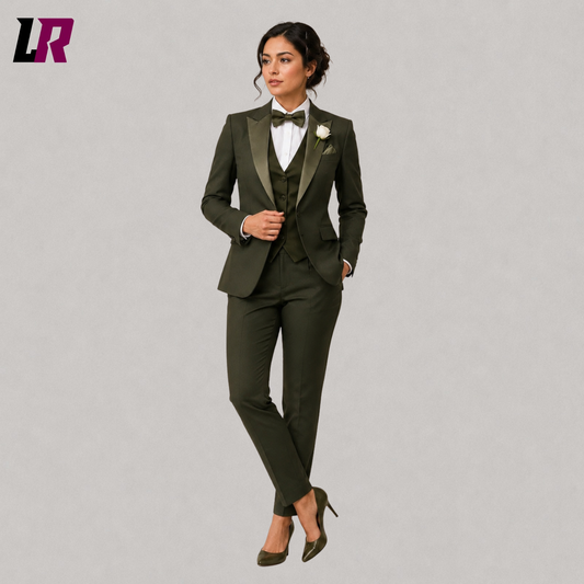 Women's olive green tuxedo suit front view with tailored blazer, vest, and trousers