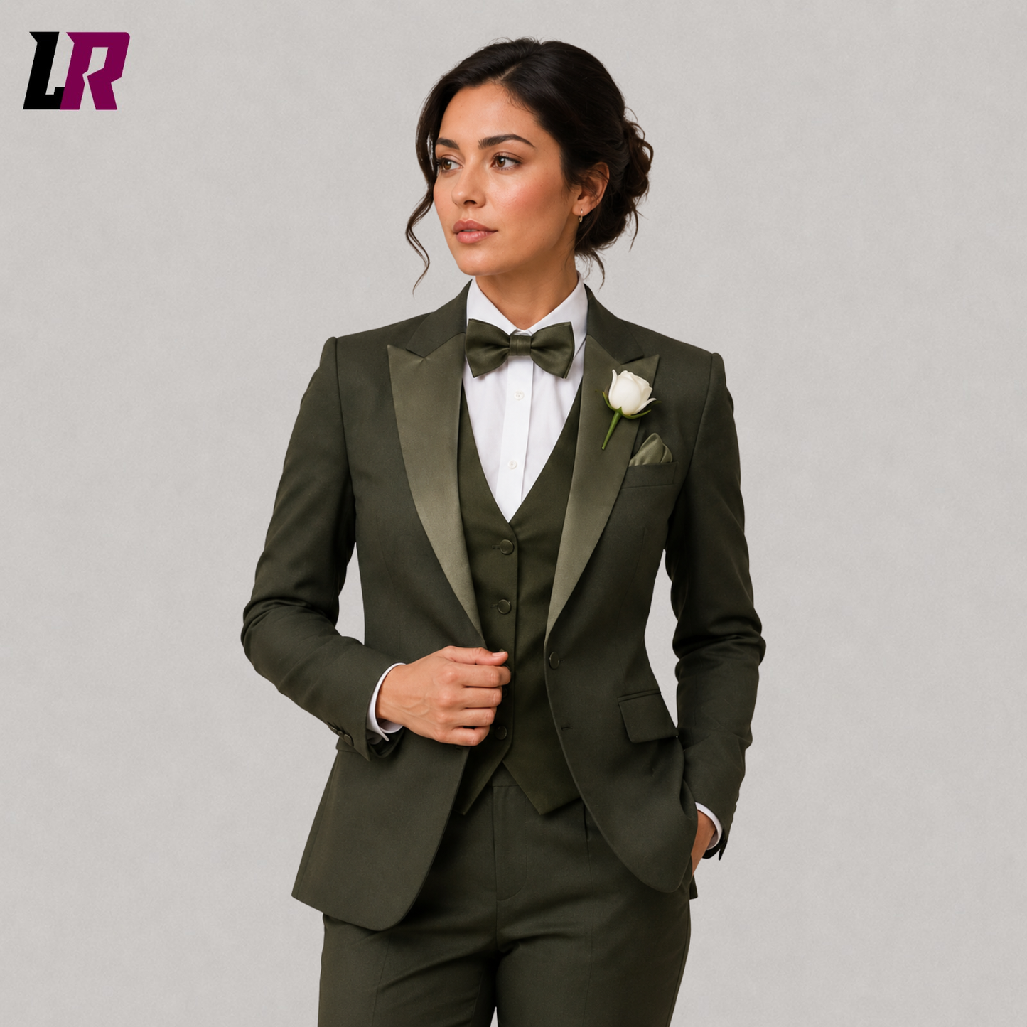 Close-up of women's olive green three piece tuxedo suit featuring premium tailoring