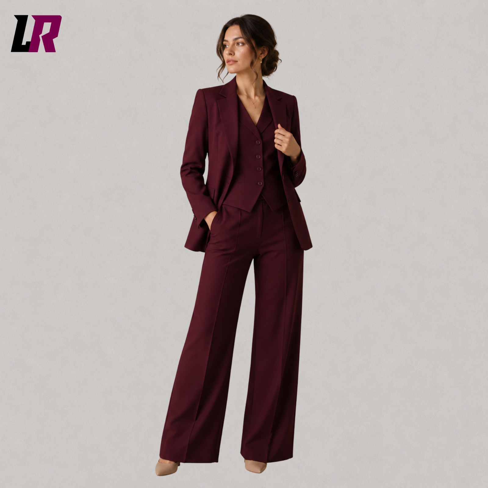 Burgundy women's suit set front view with tailored blazer, matching vest, and trousers