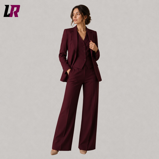Burgundy women's suit set front view with tailored blazer, matching vest, and trousers