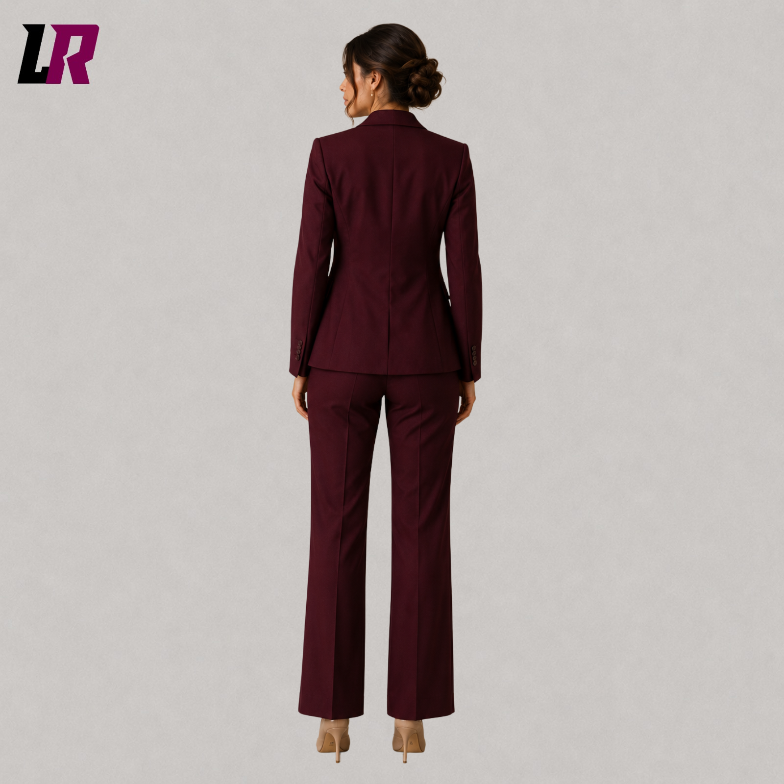 Back view of burgundy women's pantsuit with elegant custom tailored silhouette