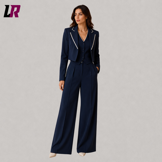 Women's navy blue three piece pantsuit front view with cropped blazer and wide-leg trousers