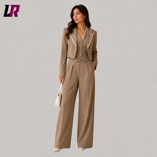 Women's taupe 3 piece pant suit front view with tailored blazer, vest, and wide-leg trousers