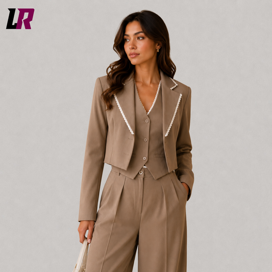 Close-up of women's taupe business suit featuring premium tailoring and matching vest