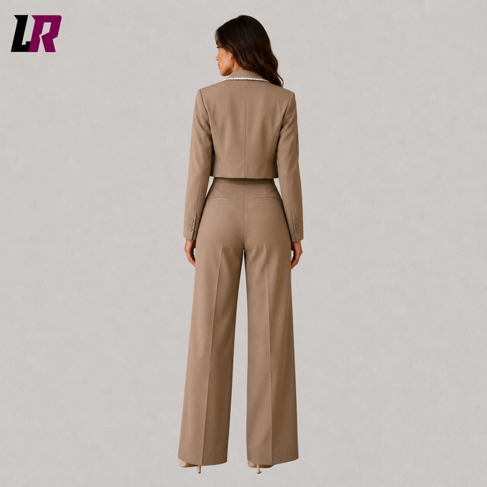 Back view of women's taupe pant suit with elegant wide-leg trousers and tailored silhouette