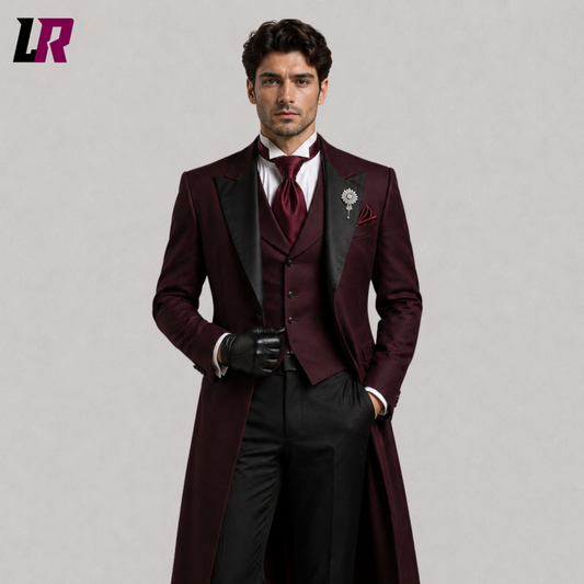 Men's Burgundy Gothic Tailcoat Suit close-up featuring Victorian lapel and elegant formal detailing