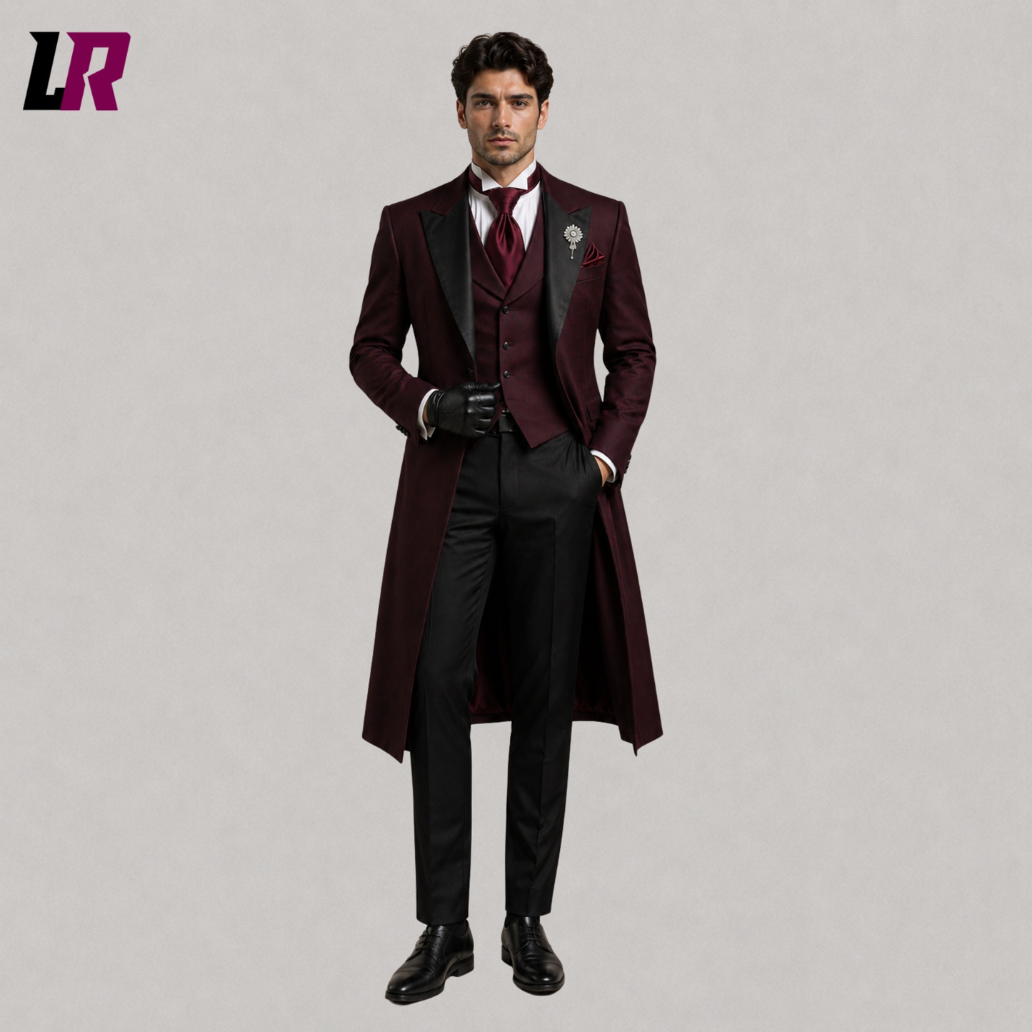 Full front view of men's burgundy Victorian Gothic 3-piece tailcoat suit with matching waistcoat and trousers