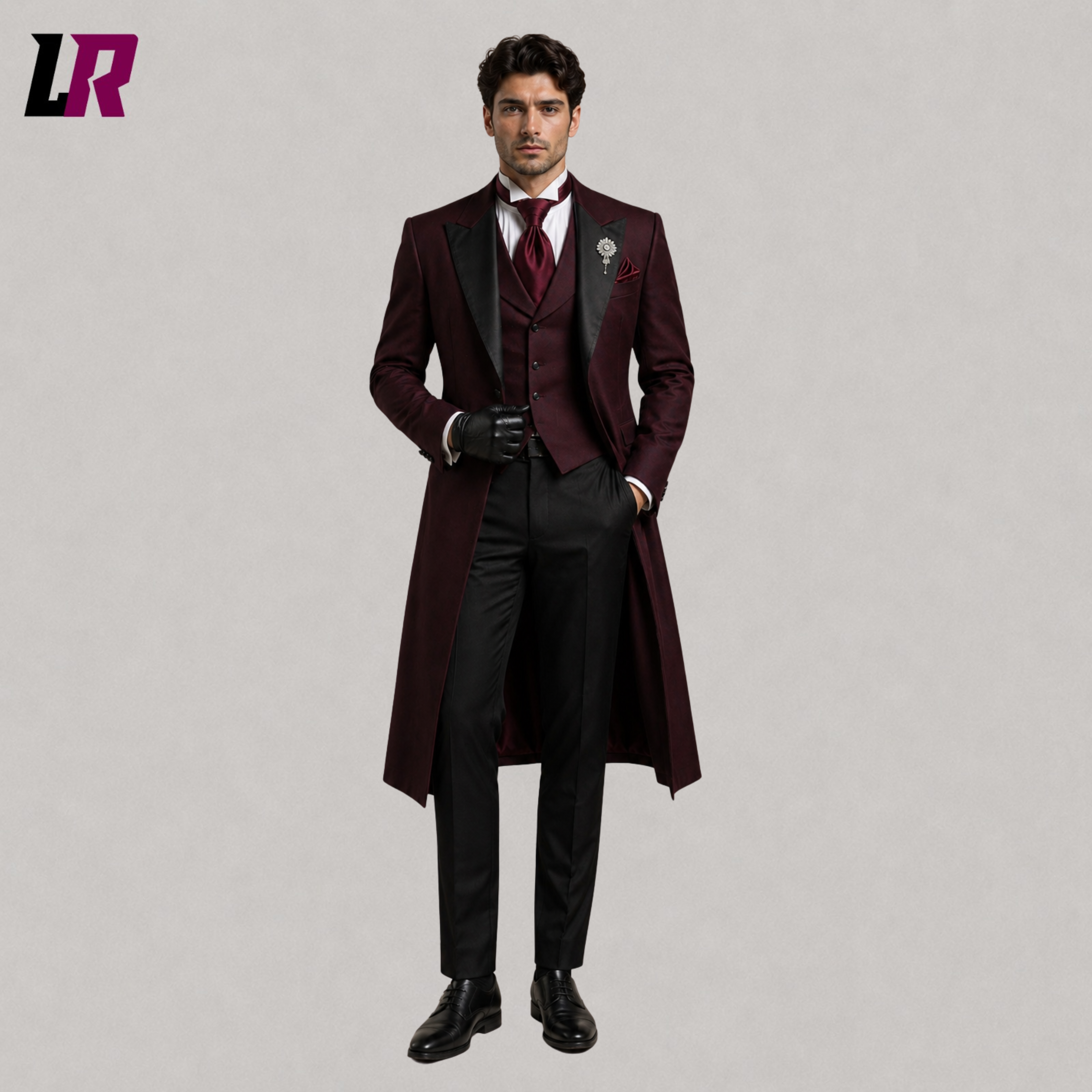 Full front view of men's burgundy Victorian Gothic 3-piece tailcoat suit with matching waistcoat and trousers