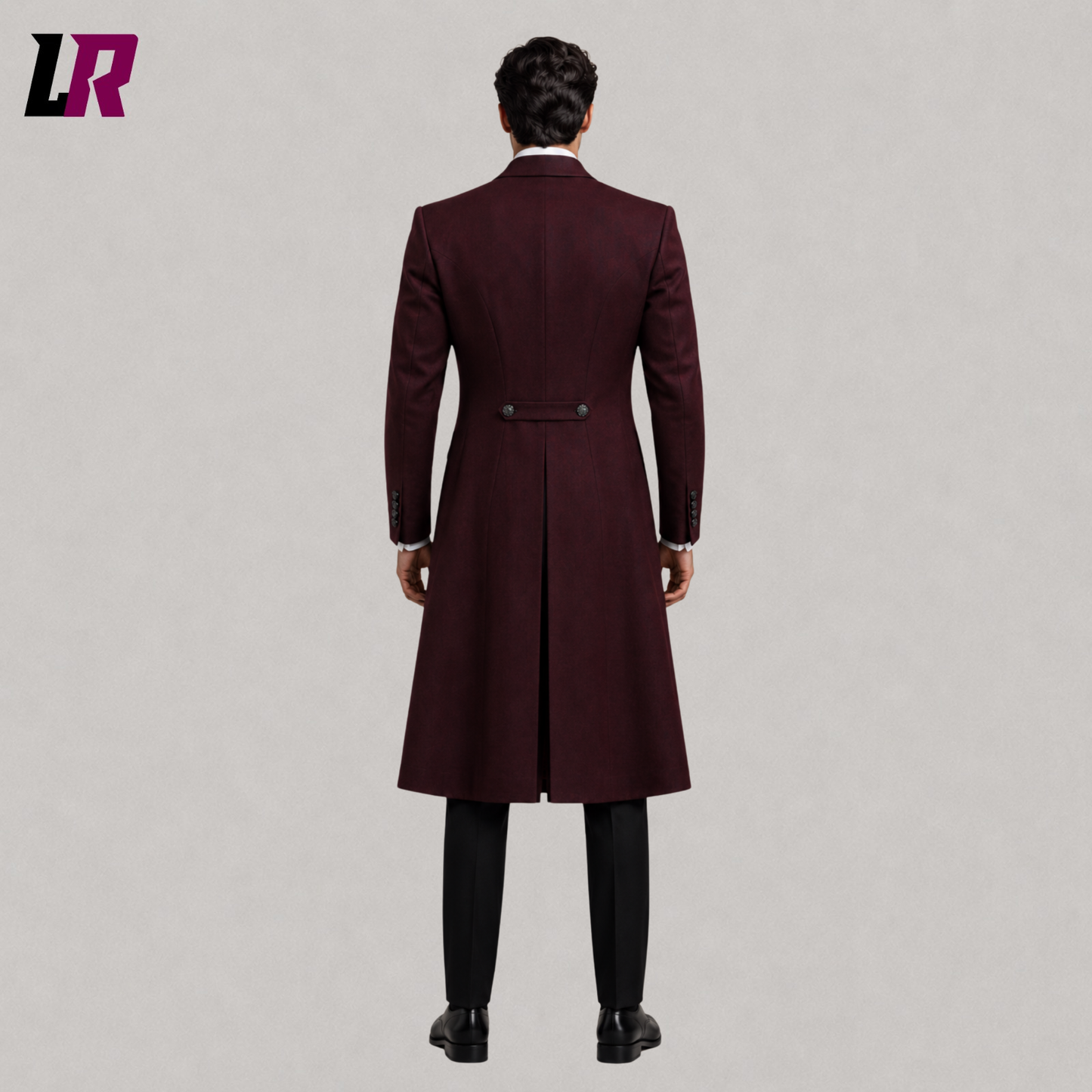 Back view of men's burgundy Gothic tailcoat suit showcasing the long Victorian tailcoat design