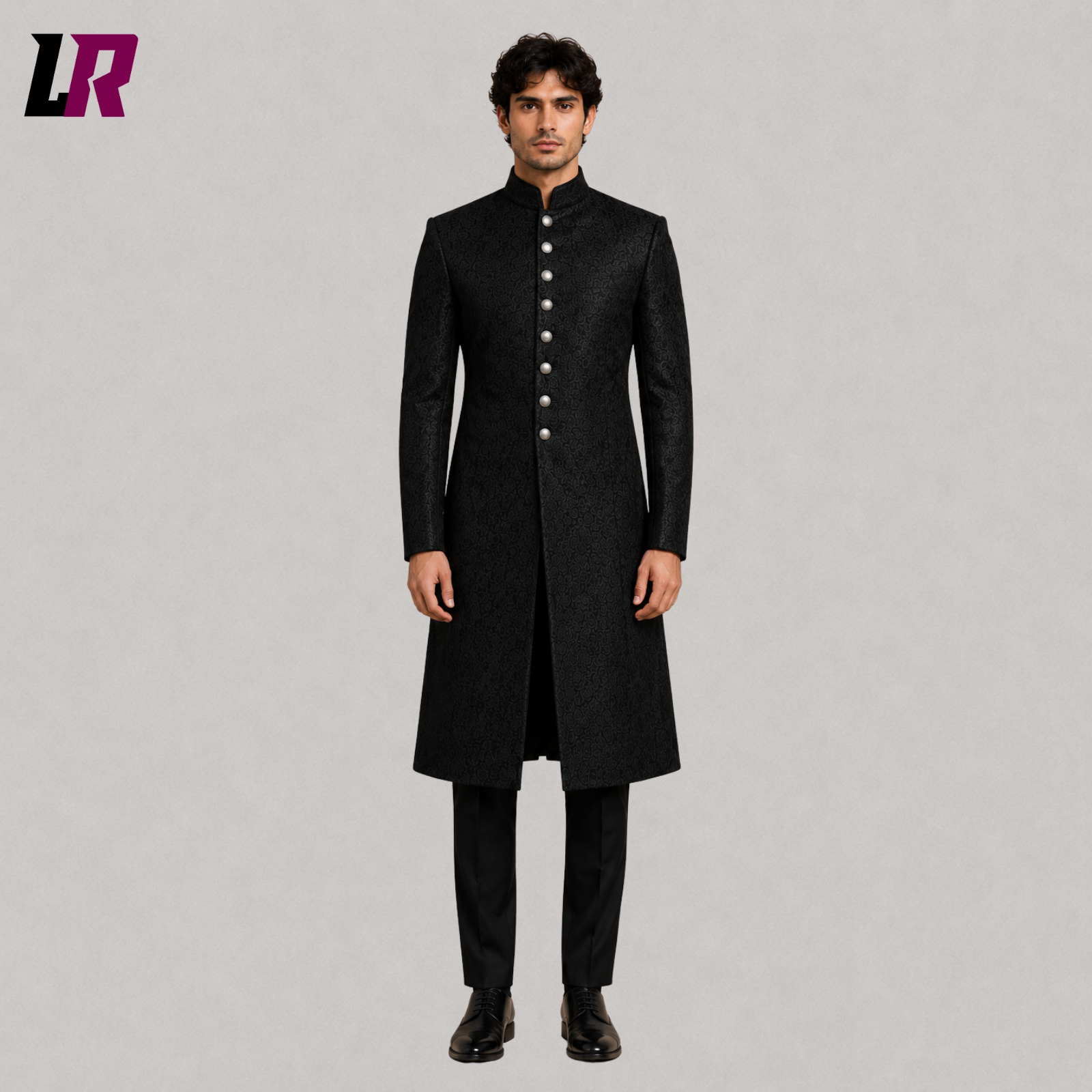 Full front view of men's black brocade sherwani coat styled as an Indo-Western groom outfit