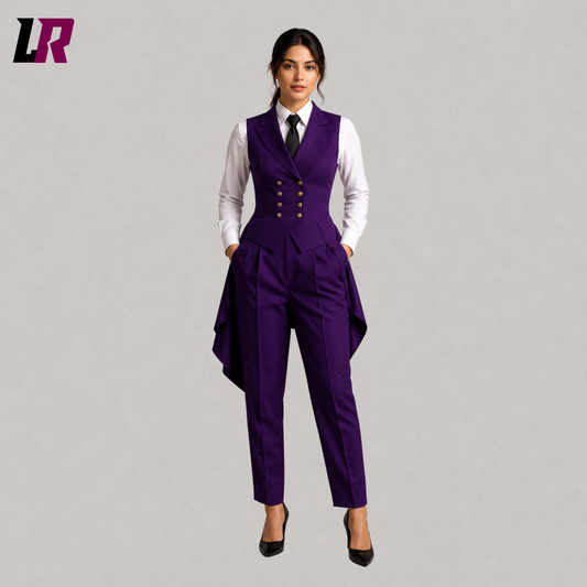 Full front view of women's luxury purple Victorian tailcoat pantsuit with matching formal trousers
